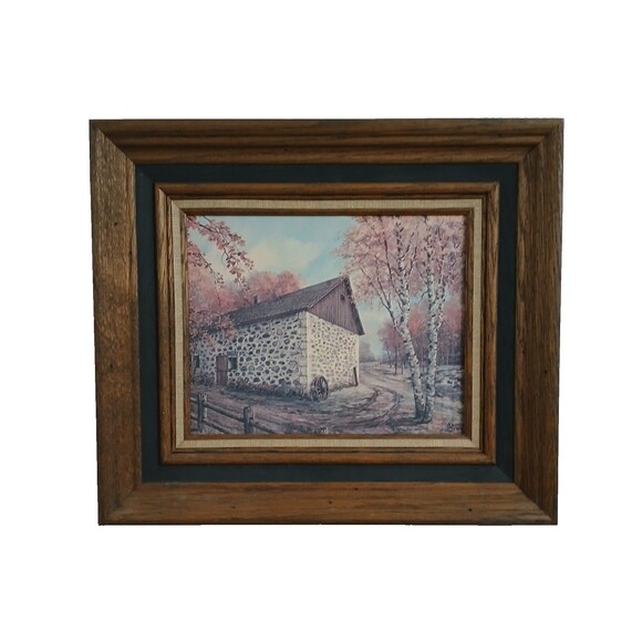 Barn Farmhouse Country Rustic Art Print on board Signed 1974 Wood Frame 13x15" - Picture 3 of 16